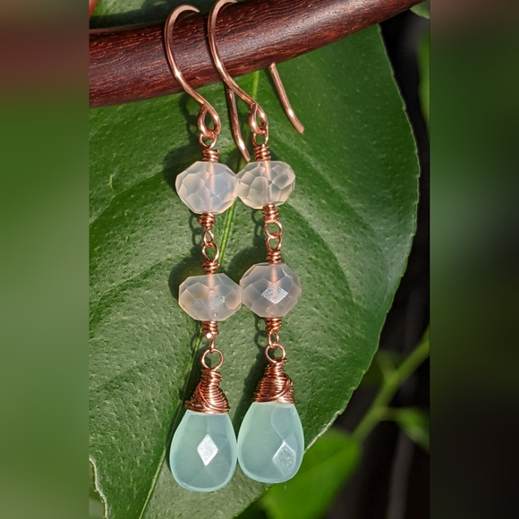 Artisan Chalcedony Earrings Copper Wire Wrapped Gemstone Jewelry - Picture 3 of 16